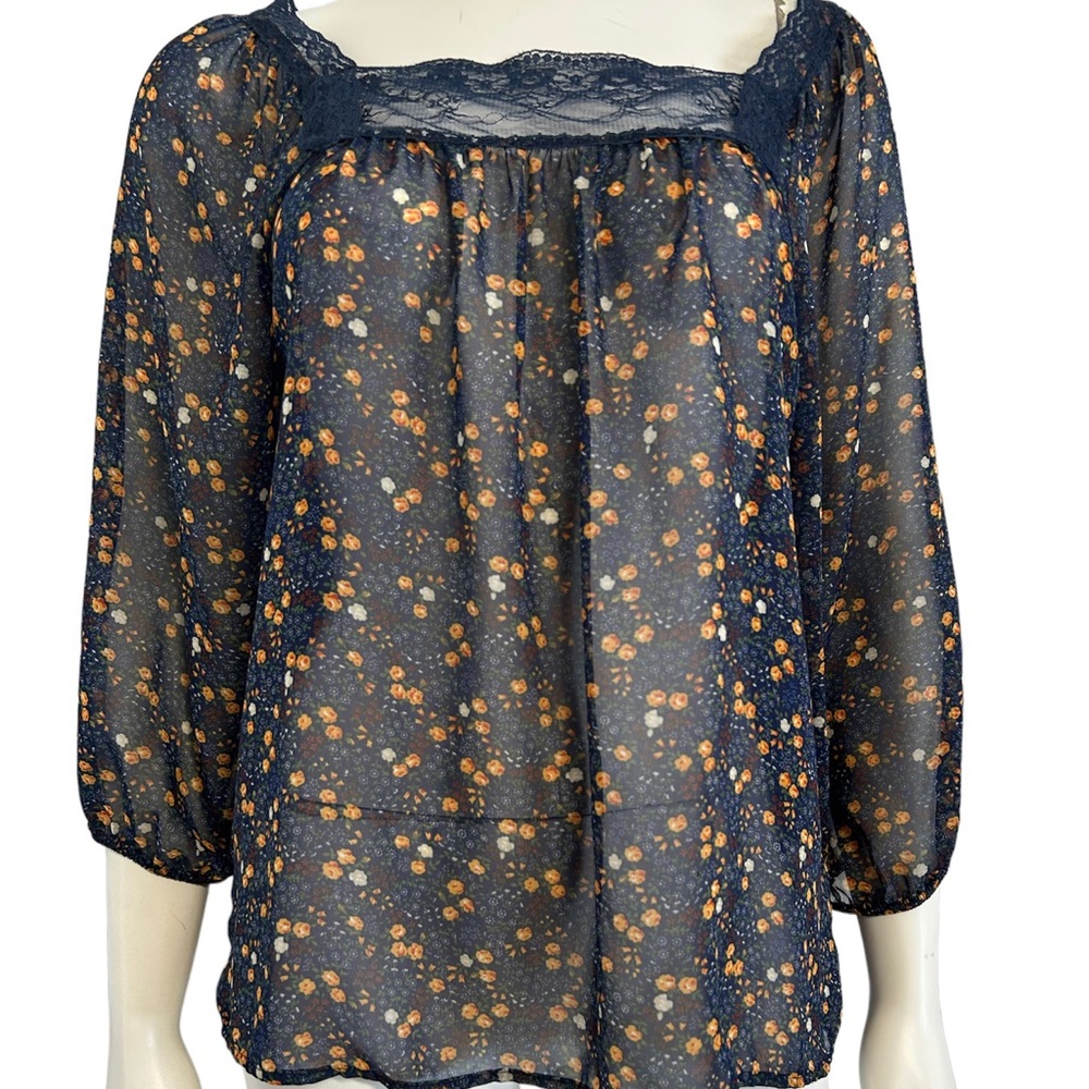 New Zen Spell blue orange floral lace boho top large.‎